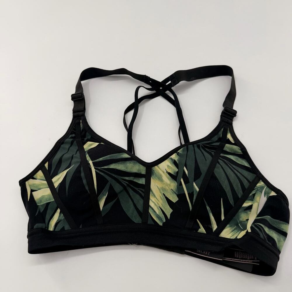 Victoria’s Secret Strappy Black Green Leaf Sports Bra Maximum Support 34B